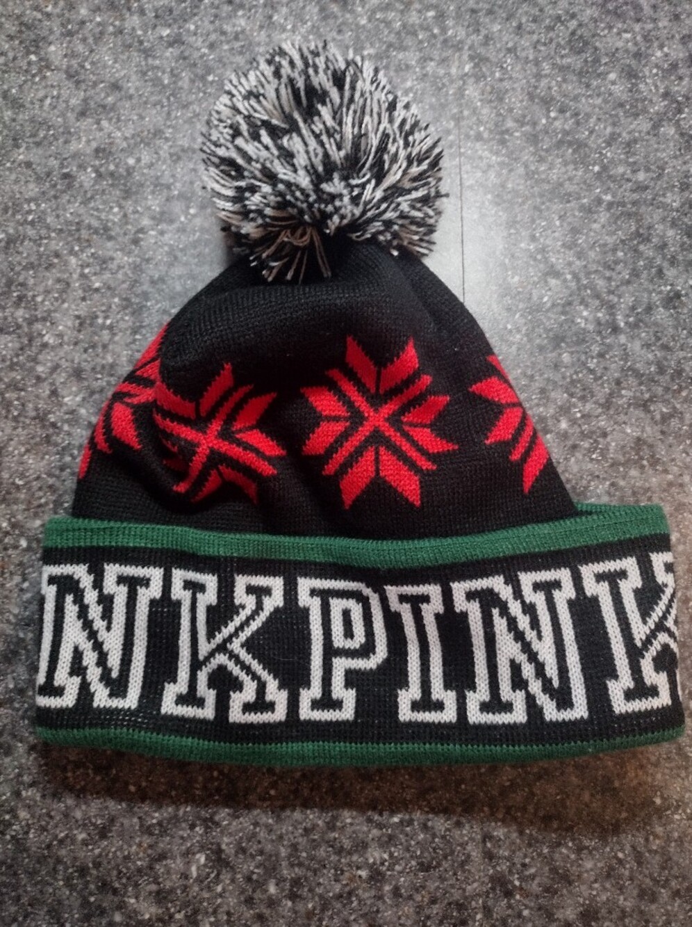 PINK Victoria's Secret Black Knit Pom Beanie with Red Snowflakes and Green Trim